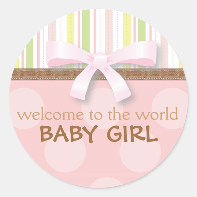 Sticker Rond Bébé adorable Fille rayures + Pots Rose Vert avec  (Devant)