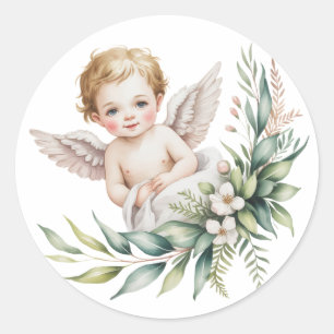 Sticker Rond Bébé ange à l'aquarelle Ailes de plume Baptême
