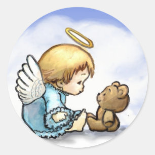 Sticker Rond Bébé ange et ours en peluche