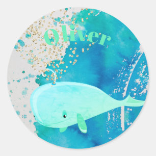 Sticker Rond Bébé Baleine Étincelle Bleu Nautique Personnel