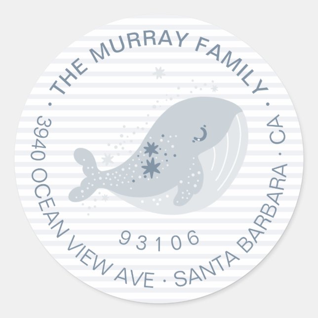 Sticker Rond Bébé baleine mignonne étoiles rayures bleues adres (Devant)