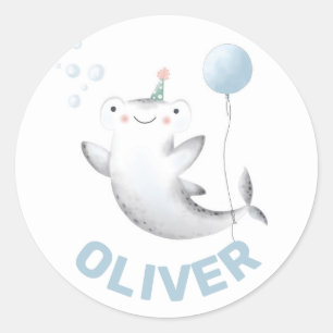 Sticker Rond Bébé Balloon de requin chevalet d'anniversaire de 