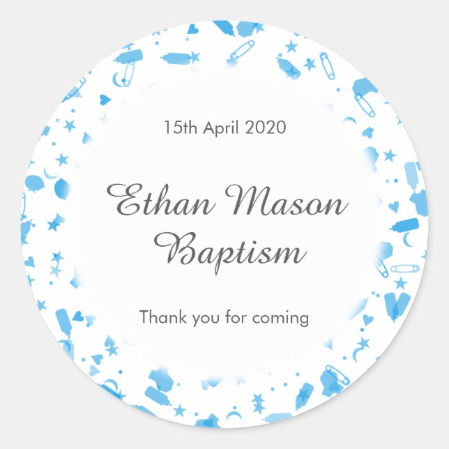Sticker Rond Bébé Bleu Confetti Baptême Christening Favoriser (Devant)