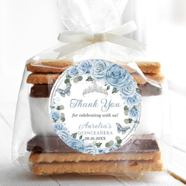 Sticker Rond Bébé Bleu Floral Papillons Argent Princesse Favori (Créateur téléchargé)