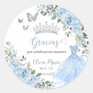 Sticker Rond Bébé Bleu Floral Princesse Robe Argent Quinceañera