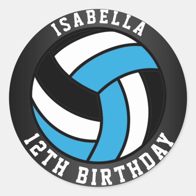 Sticker Rond Bébé Bleu, Noir et Blanc Volley Anniversaire (Devant)
