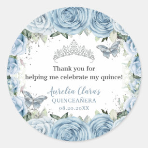 Sticker Rond Bébé Bleu Papillons Floraux Tiara QUINCEAÑERA