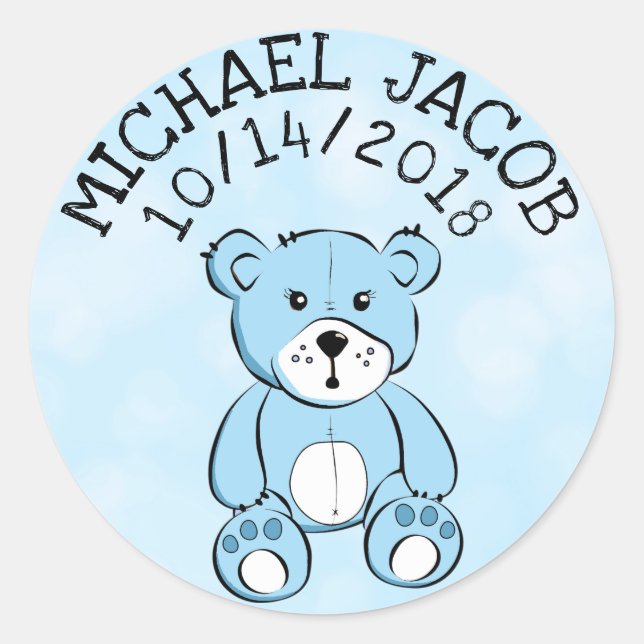 Sticker Rond Bébé bleu personnalisé Teddy Bear Faire-part (Devant)