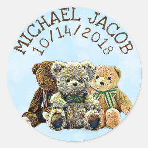 Sticker Rond Bébé bleu personnalisé Teddy Bear Faire-part