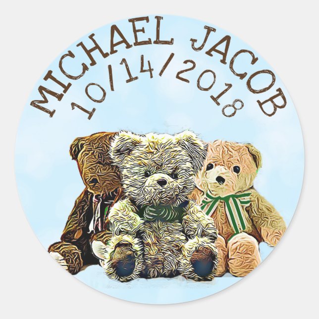 Sticker Rond Bébé bleu personnalisé Teddy Bear Faire-part (Devant)