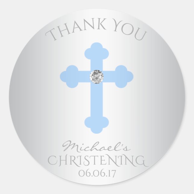 Sticker Rond Bébé Croix Bleue Baptême / Christening Merci garço (Devant)