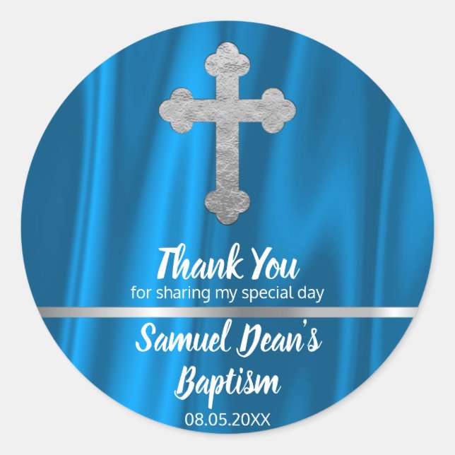 Sticker Rond Bébé Croix Bleue Baptême Favoriser | Boy Merci (Devant)