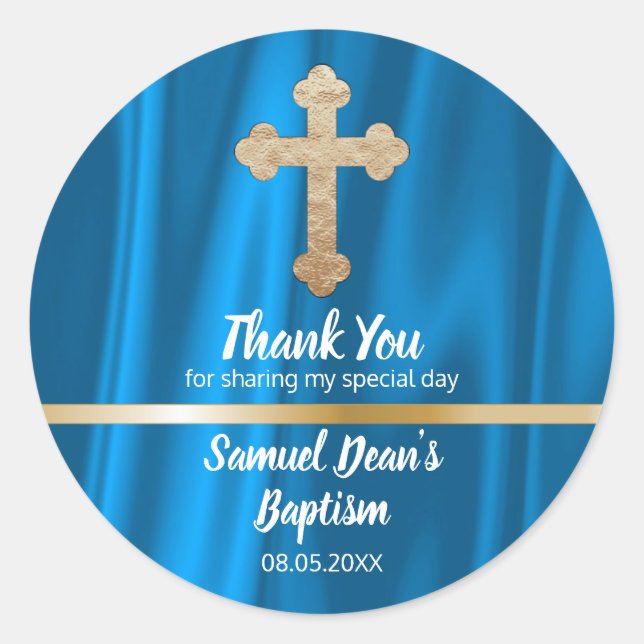 Sticker Rond Bébé Croix Bleue Baptême Favoriser | Boy Merci (Devant)