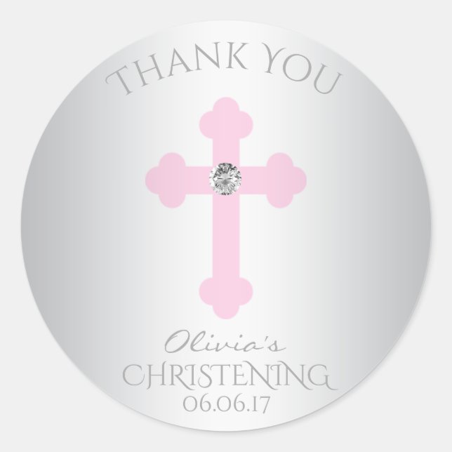 Sticker Rond Bébé Croix rose Baptême / Christening Merci fille (Devant)