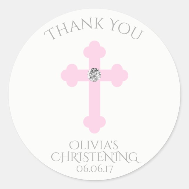 Sticker Rond Bébé Croix rose Baptême / Christening Merci fille (Devant)