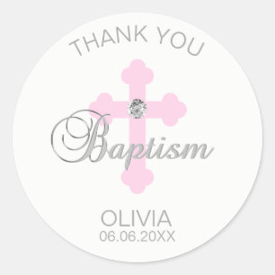 Sticker Rond Bébé Croix rose Baptême Fille Merci