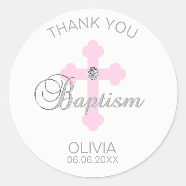 Sticker Rond Bébé Croix rose Baptême Fille Merci (Devant)