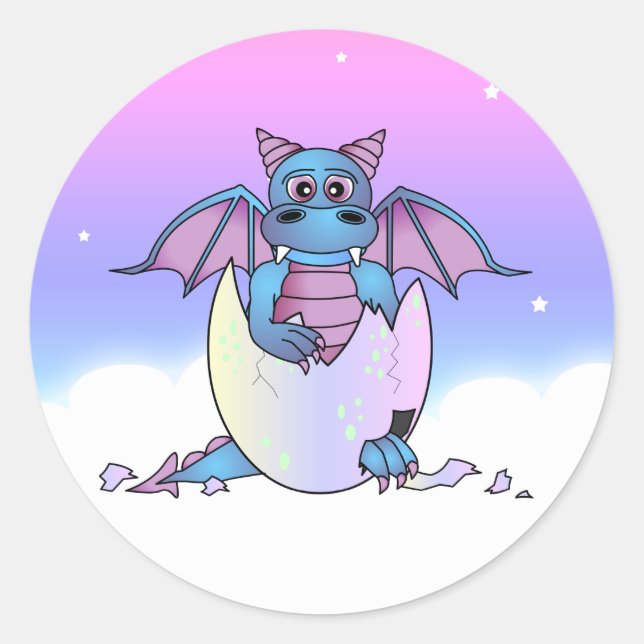 Sticker Rond Bébé de Dragon mignon dans Oeuf Cracké - Bleu / Vi (Devant)