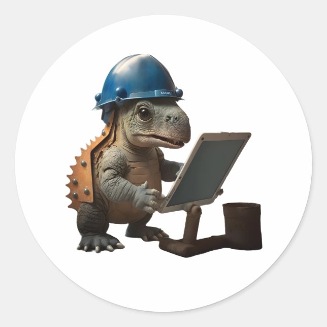 Sticker Rond bébé dinosaure ingénieur industriel avec tablette (Devant)
