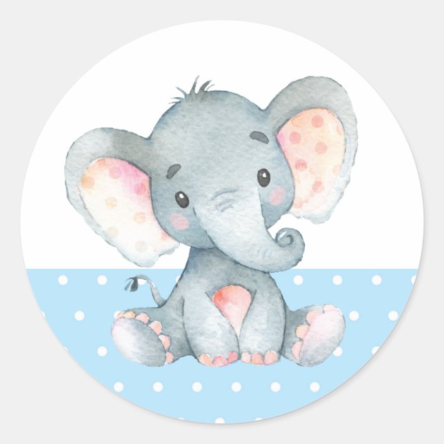 Sticker Rond Bébé éléphant garçon Baby Shower Bleu (Devant)