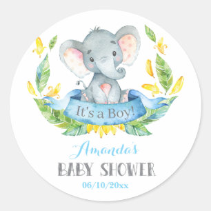 Sticker Rond Bébé éléphant garçon Baby Shower Bleu et Gris