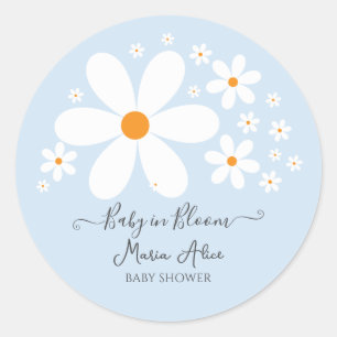 Sticker Rond Bébé en Fleur Baby shower bleu marguerite