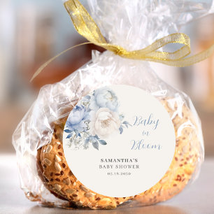 Sticker Rond Bébé En Fleur Bleu Floral Baby shower Garçon