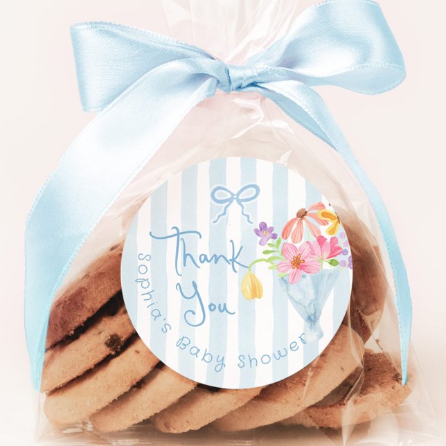 Sticker Rond Bébé en Fleur Bleu Whimsical Tnank vous (Créateur téléchargé)