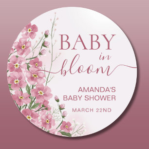 Sticker Rond Bébé en Fleur Fille Douche Florale Rose