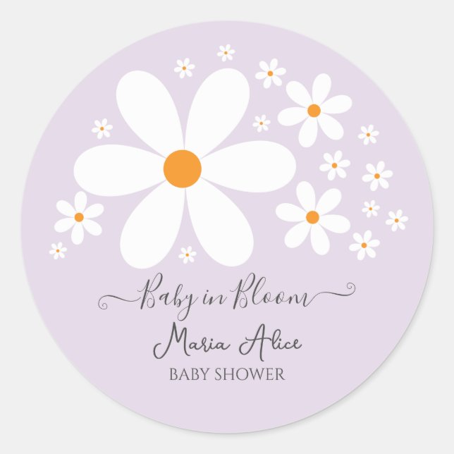 Sticker Rond Bébé en fleur violet Baby shower de marguerite (Devant)