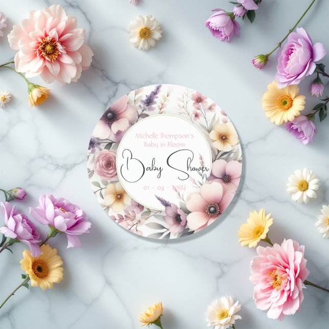 Sticker Rond Bébé en fleurs Baby shower floral (Baby in Bloom Floral Baby Shower Classic Round Sticker)