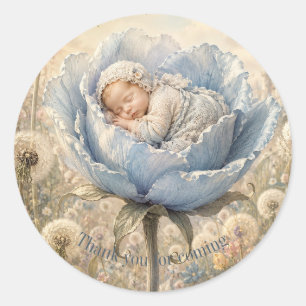 Sticker Rond Bébé endormi fleur bleue Merci