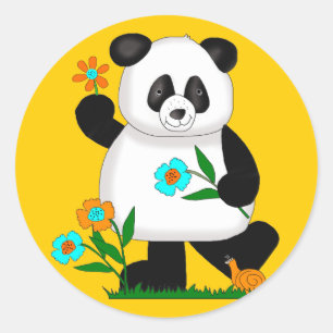 Sticker Rond Bébé Enfants Panda Avec Fleurs 2
