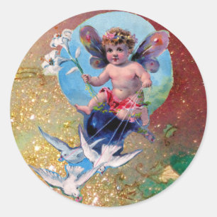 Sticker Rond BÉBÉ FAIRY AVEC DES POIGNES EN PARKLES jaune brun