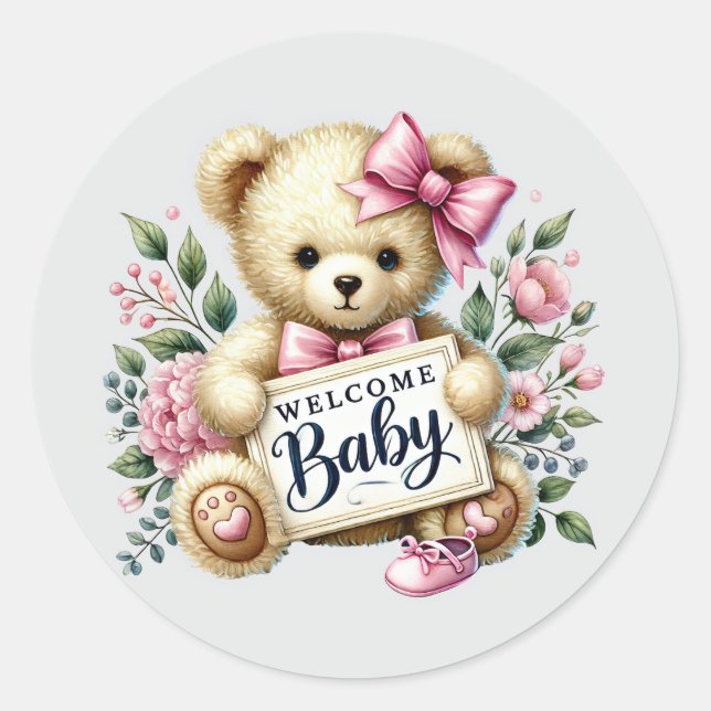 Sticker Rond Bébé fille bienvenue ours (Devant)