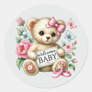 Sticker Rond Bébé fille bienvenue ours