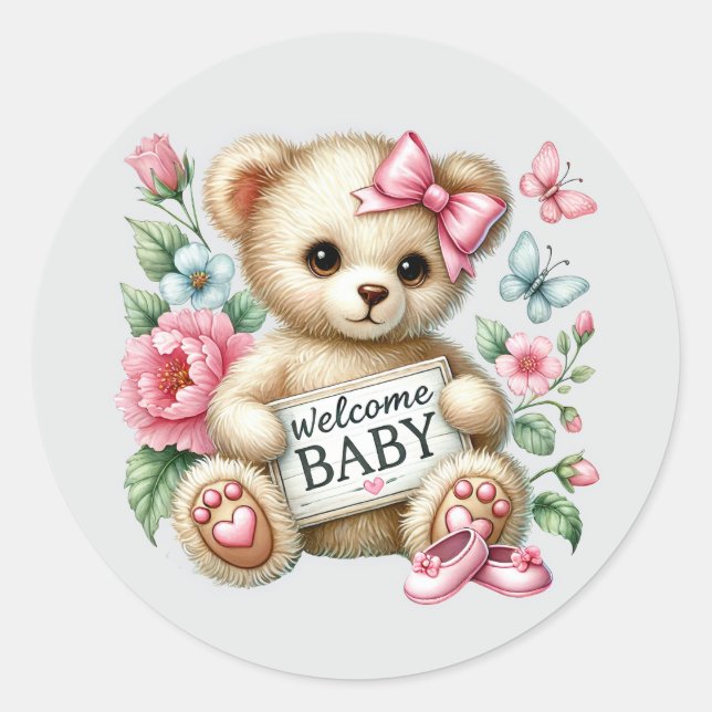 Sticker Rond Bébé fille bienvenue ours (Devant)
