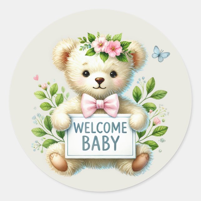 Sticker Rond Bébé fille bienvenue ours (Devant)