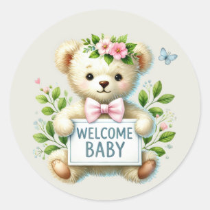 Sticker Rond Bébé fille bienvenue ours