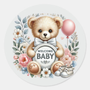 Sticker Rond Bébé fille bienvenue ours