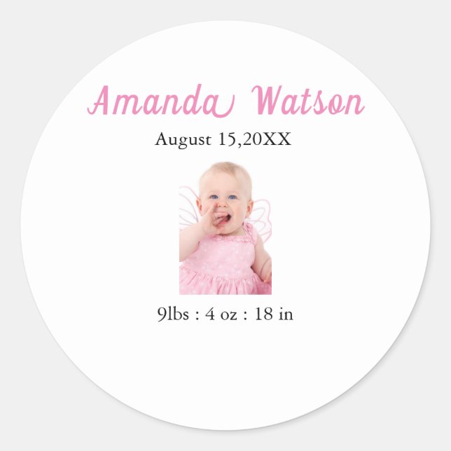 Sticker Rond Bébé fille Faire-part de naissance (Devant)