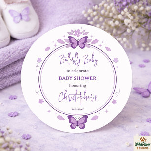 Sticker Rond Bébé Fille Papillon Violet Célébration de Naissanc