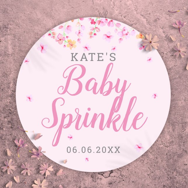 Sticker Rond Bébé Fille saupoudrer d'aquarelle rose fleurie (Baby Girl Sprinkle Pink Watercolor Blossom Floral Classic Round Sticker)
