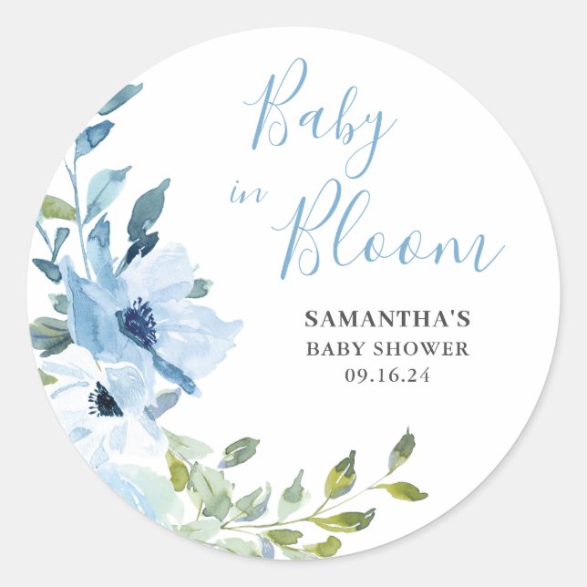 Sticker Rond Bébé Floral Bleu En Fleur Garçon Douche (Devant)