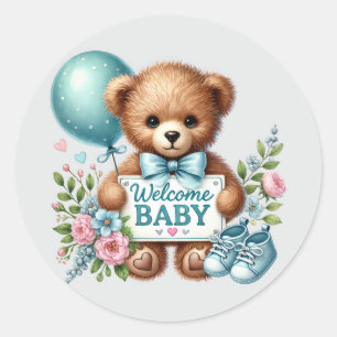Sticker Rond Bébé garçon bienvenue ours
