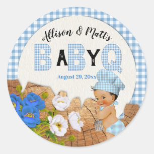 Sticker Rond Bébé garçon bleu gingham bois floral bébé Q BBQ