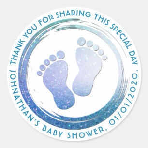 Sticker Rond Bébé Garçon Empreinte Baby shower brillant Favoris