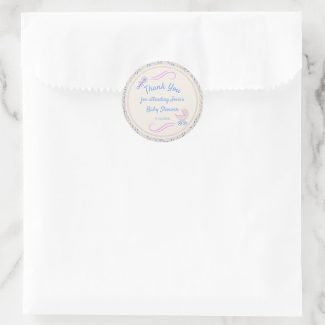 Sticker Rond Bébé Grace bleu et Baby shower rose (Sac)