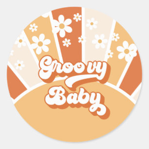 Sticker Rond Bébé Groovy Rétro Soleil Hippie Baby Shower