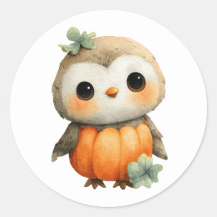 Sticker Rond Bébé Hibou d'Automne Illustration Aquarelle Mignon